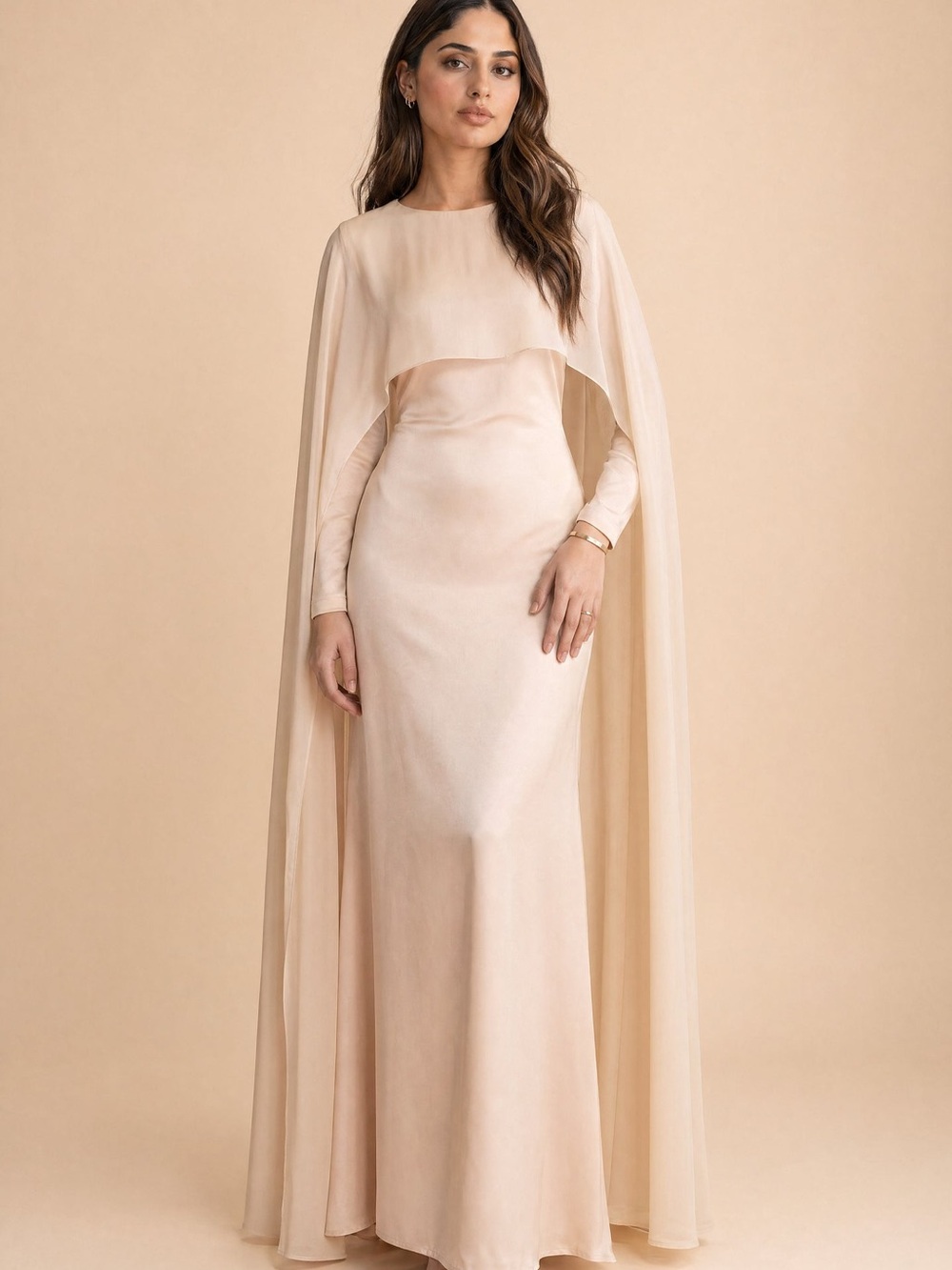 Beige chiffon cape over satin. Modest evening, full sleeves, floor-length dress